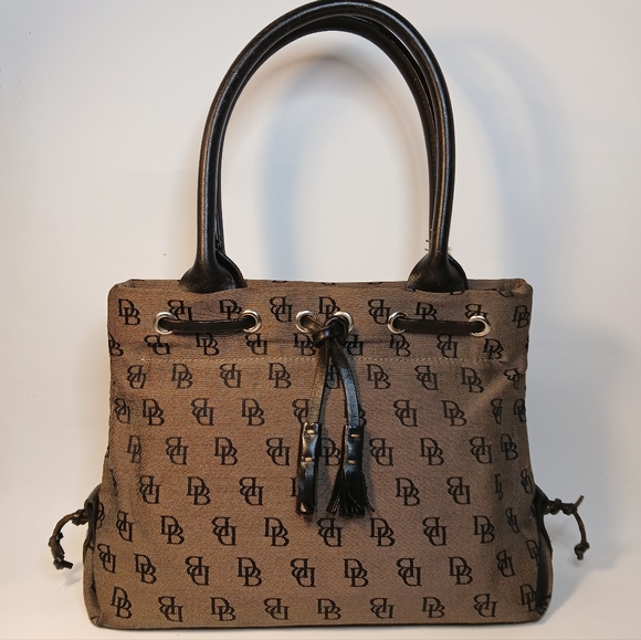 Dooney & Bourke Vintage Signature  Tan Canvas Brown Leather Tote Handbag - Picture 2 of 10